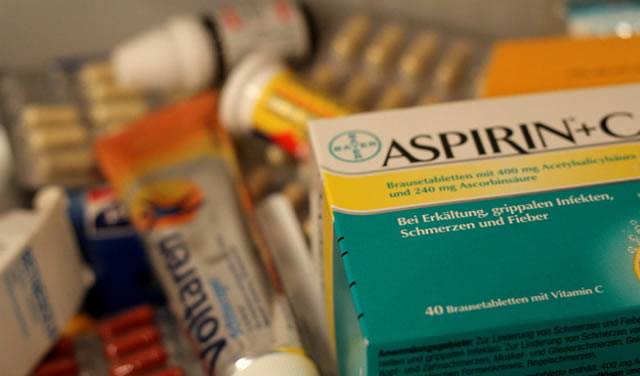 Упаковка таблеток аспирина на фоне других классических лекарств