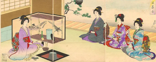 Изображение японской чайной церемонии на старинной гравюре